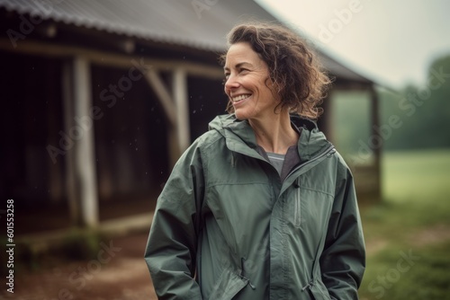 Full-length portrait photography of a cheerful woman in her 40s wearing a lightweight windbreaker against a rustic barn or farm background. Generative AI