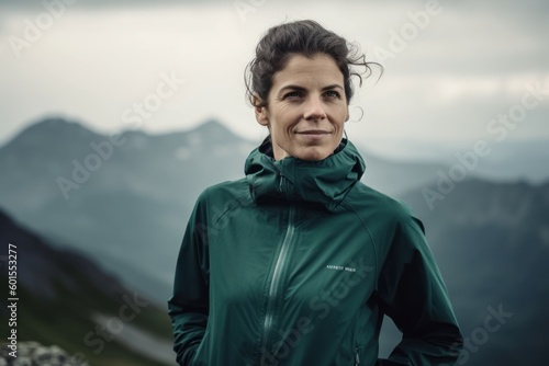 Portrait of a woman in a green jacket on a background of mountains.