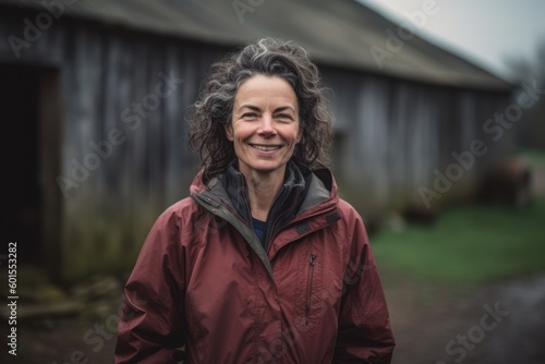 Full-length portrait photography of a cheerful woman in her 40s wearing a lightweight windbreaker against a rustic barn or farm background. Generative AI