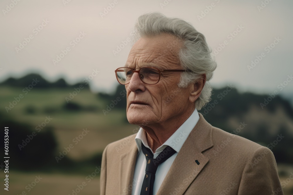 Portrait of senior man with eyeglasses looking away in countryside Portrait of senior man with eyeglasses looking away in countryside