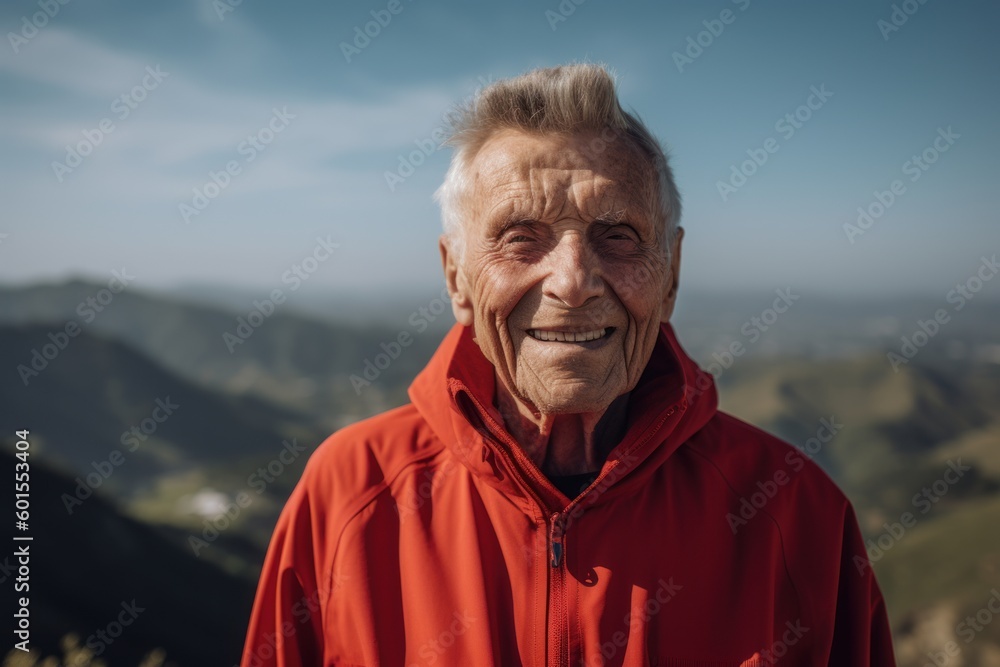Portrait of an elderly man in a red jacket on the background of the mountains Portrait of an elderly man in a red jacket on the background of the mountains