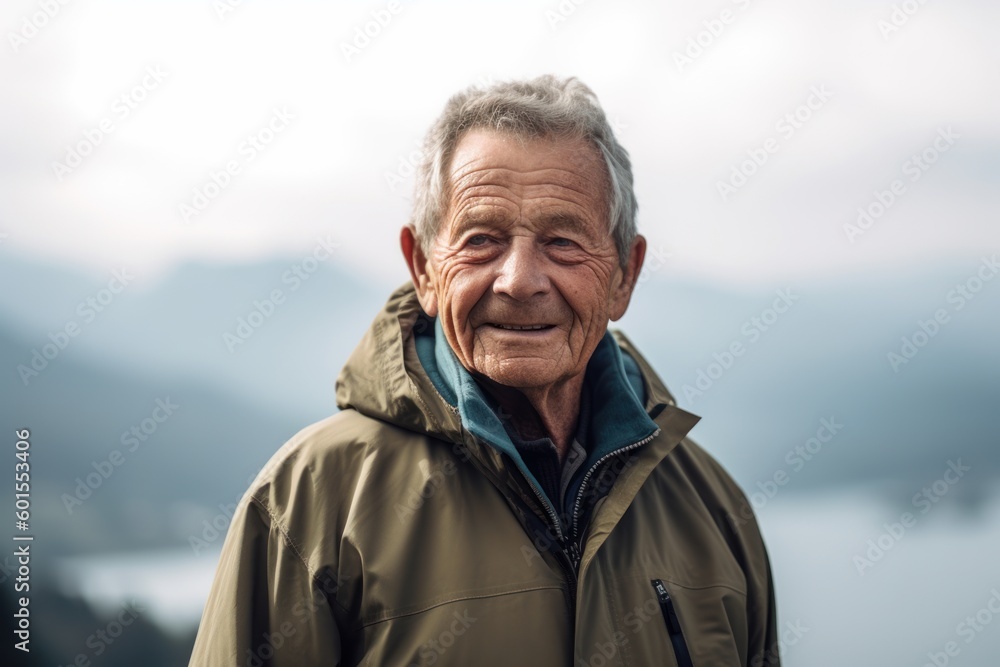Portrait of happy senior man in jacket standing on top of mountain Portrait of happy senior man in jacket standing on top of mountain