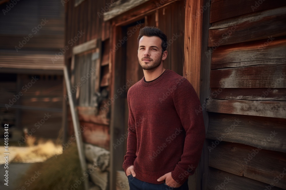 Portrait of a handsome young man in a red sweater on the background of an old wooden house