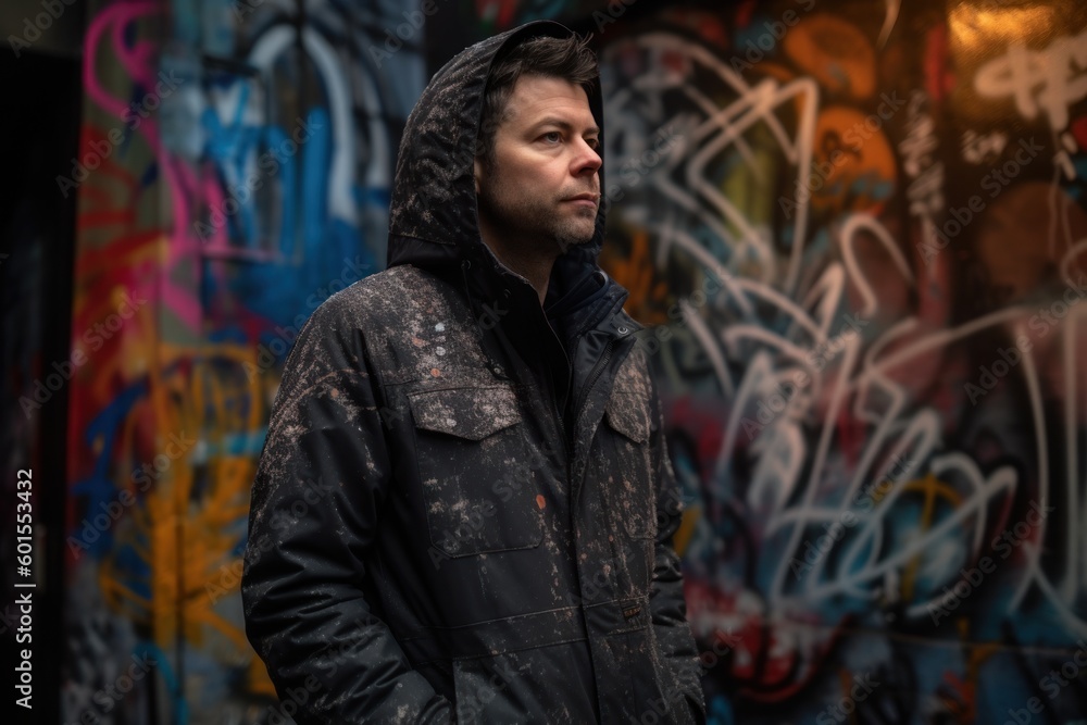 Portrait of a young man in a hooded jacket against the background of graffiti