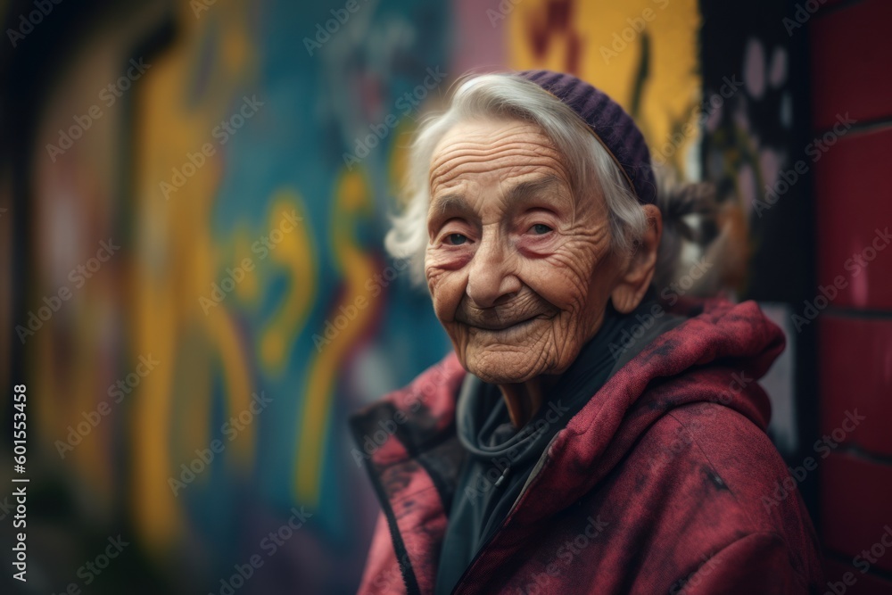 Lifestyle portrait photography of a pleased elderly 100 year old woman wearing a comfortable tracksuit against a graffiti background. Generative AI