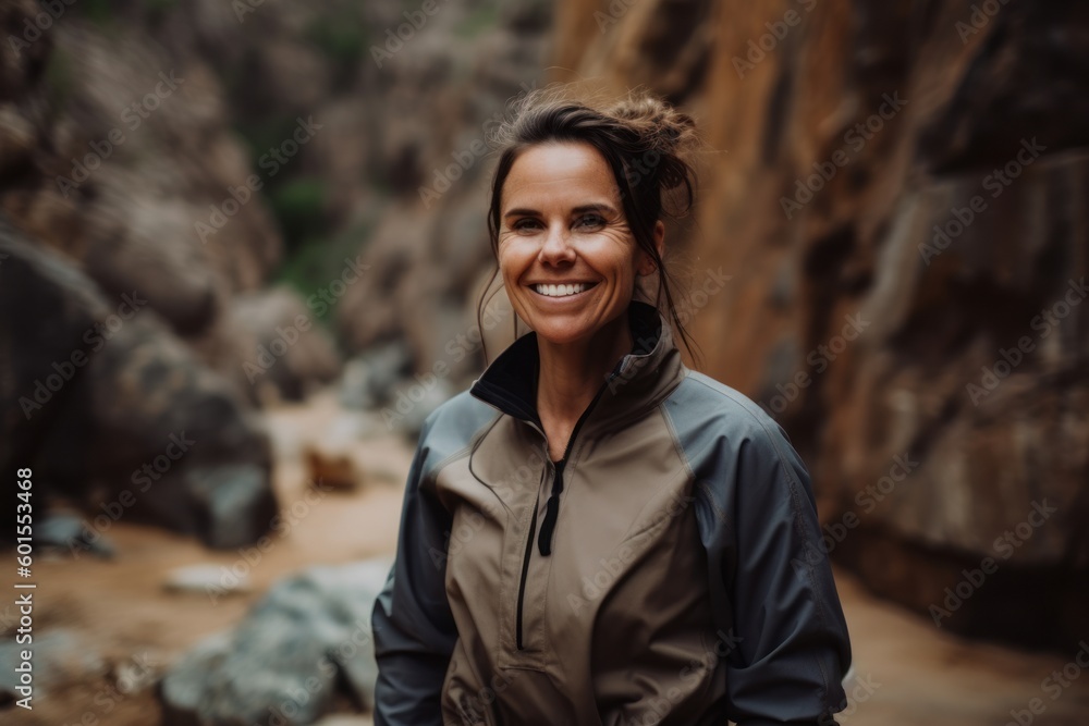 Portrait of a smiling woman hiker standing on a trail in the mountains