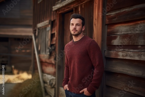 Portrait of a handsome young man in a red sweater on the background of an old wooden house