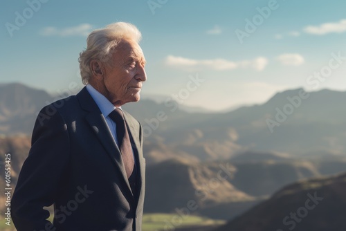 Portrait of senior businessman looking away while standing on top of mountain