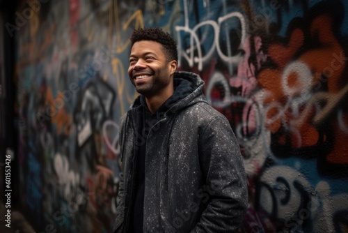 Portrait of a handsome african american man smiling against graffiti wall
