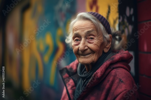 Lifestyle portrait photography of a pleased elderly 100 year old woman wearing a comfortable tracksuit against a graffiti background. Generative AI photo