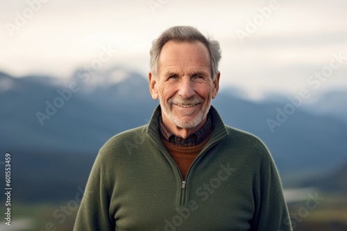 Portrait of a happy senior man standing outdoors with mountains in the background