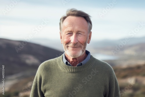Portrait of smiling senior man standing in countryside on a sunny day