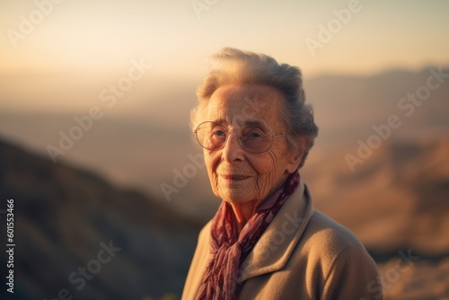 Portrait of a happy senior woman standing in the mountains at sunset