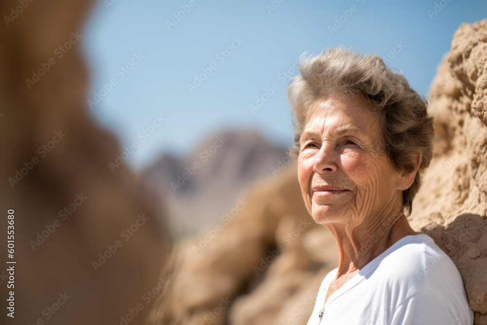Portrait of happy senior woman standing against rock formation in the desert Portrait of happy senior woman standing against rock formation in the desert