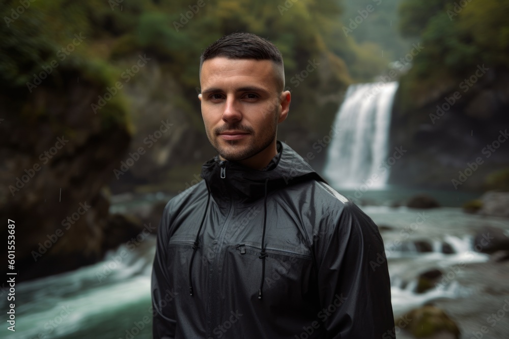 Handsome young man in black jacket standing in front of waterfall Handsome young man in black jacket standing in front of waterfall