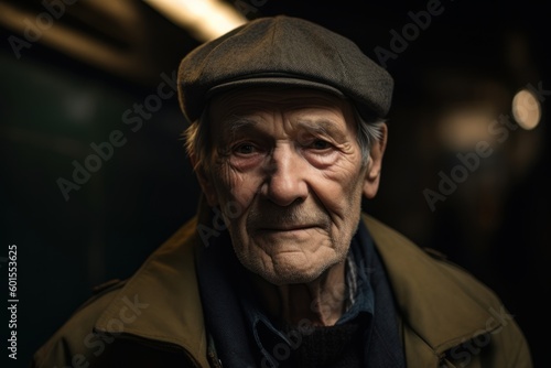 Portrait of an elderly man in a beret and coat in the subway