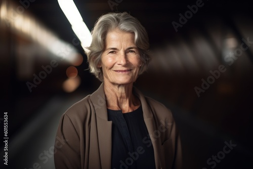 Portrait of a senior woman in a tunnel with lights in the background