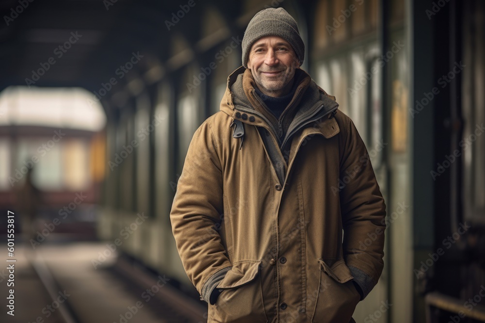 Portrait of a smiling man standing in a train station, wearing a coat and hat