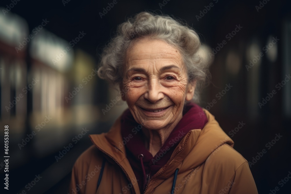 Portrait of a smiling senior woman in a train station. Looking at camera. Portrait of a smiling senior woman in a train station. Looking at camera.