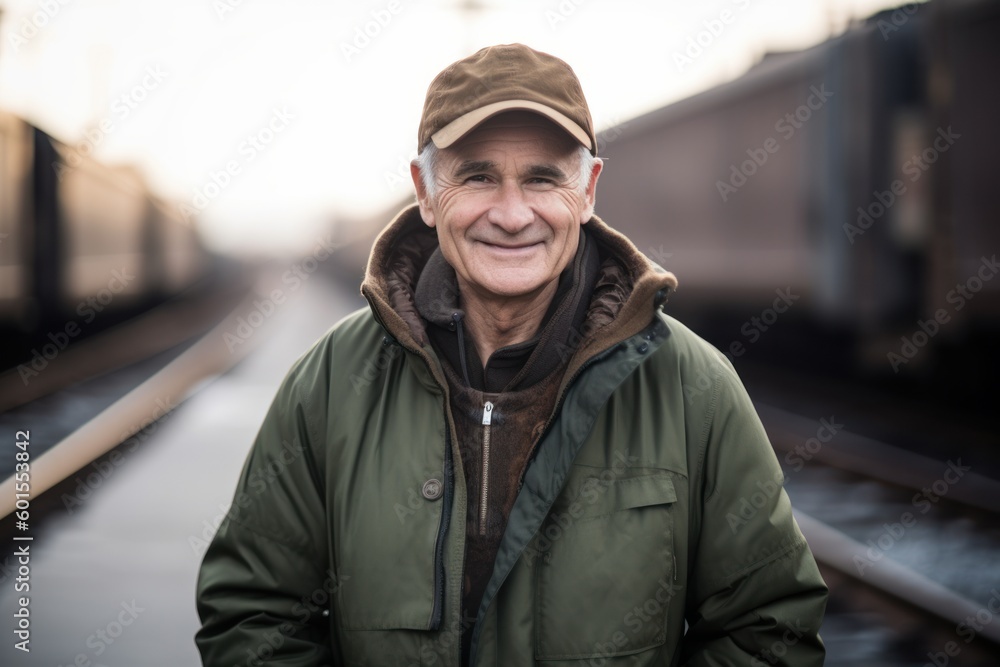 Portrait of a smiling senior man standing on the platform of a railway station Portrait of a smiling senior man standing on the platform of a railway station