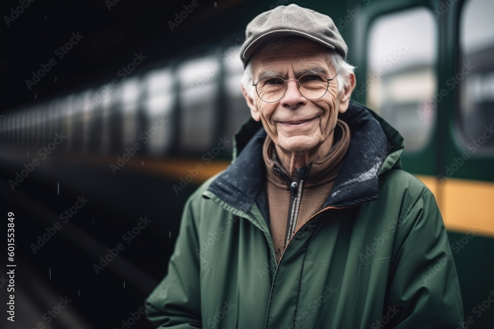 Portrait of an elderly man in a green jacket and cap standing at the train station.