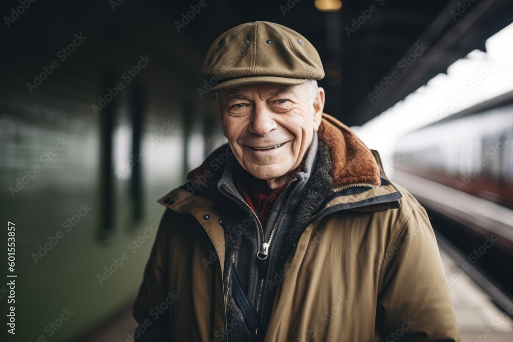 Portrait of an elderly man with a cap at the train station