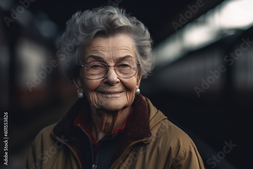 Portrait of smiling senior woman with eyeglasses at railway station