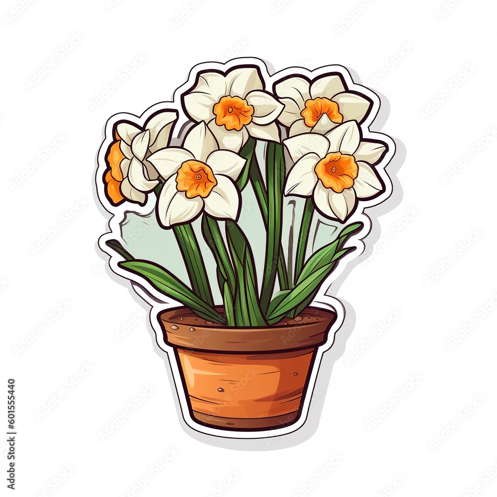 Cartoon sticker of a narcissus potted plant over white background. Generative AI illustration