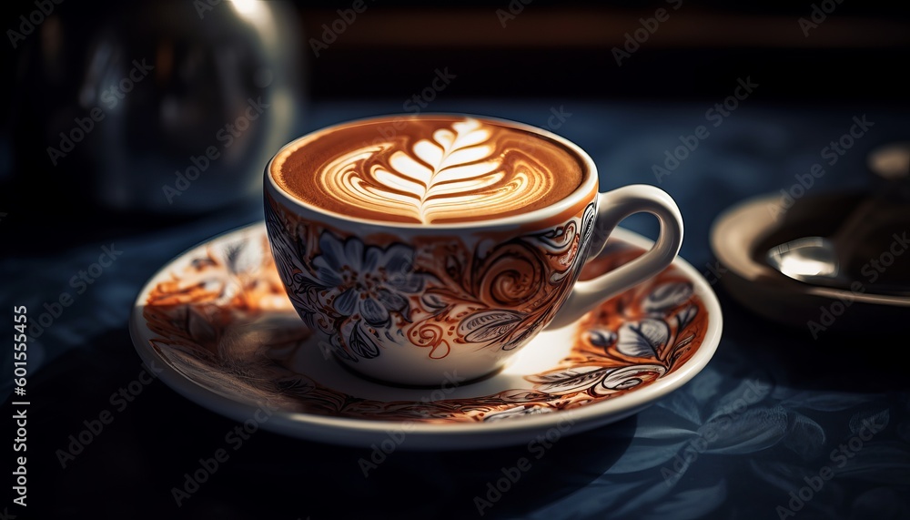 Nice Texture of Latte art on hot latte coffee on a wooden table ai, ai generative, illustration Nice Texture of Latte art on hot latte coffee on a wooden table ai, ai generative, illustration