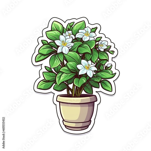 Cartoon sticker of a potted jasmine plant over white background. Generative AI illustration