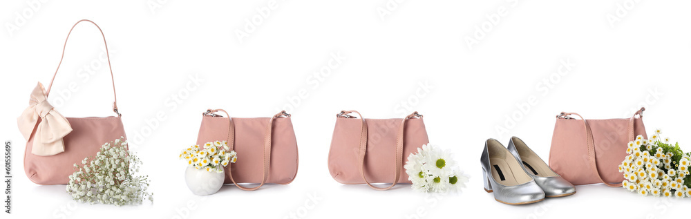 Collage of stylish woman's handbag with accessories on white background