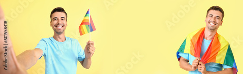 Young man with LGBT flag ta...