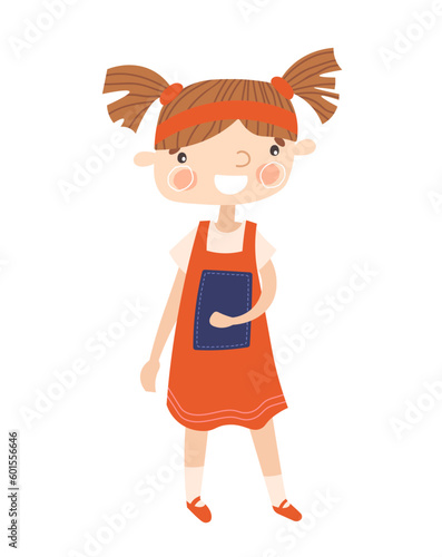 Schoolgirl in red dress concept. Beautiful little girl standing with book or textbook in her hands. Education and training at school or college, student. Cartoon flat vector illustration