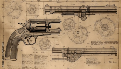 A revolver blueprint, scheme, wild west pistol ai, ai generative, illustration