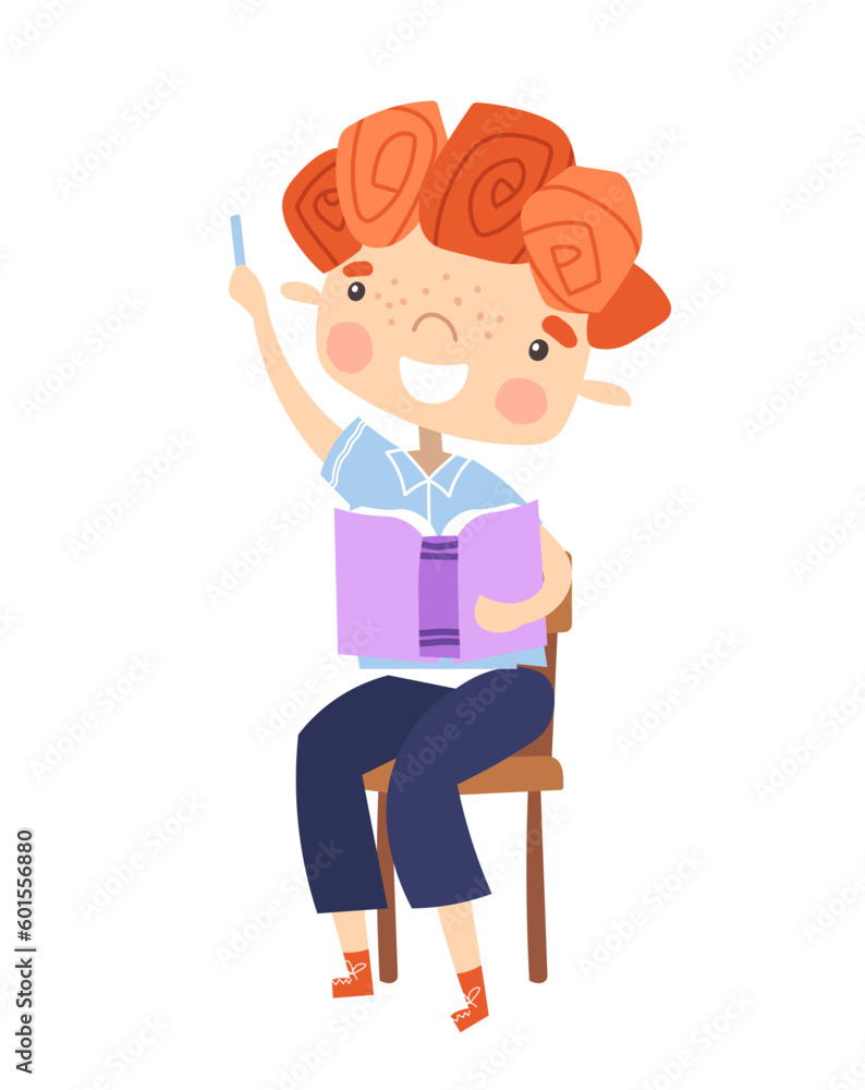 Schoolboy raises his hand concept. Boy sitting with purple book in his hands and pen. Education and training. Character sits on chair in classroom at lesson. Cartoon flat vector illustration