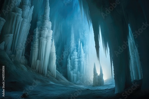 Stalactites and stalagmites formed strange and otherworldly shapes, like frozen pillars that defied explanation. Generative AI
