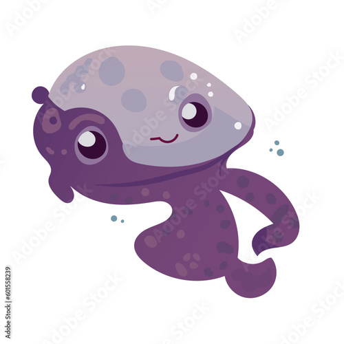 Happy and funny sea cartoon octopus monster swimming and looking on light background. Flat vector illustration for children.
