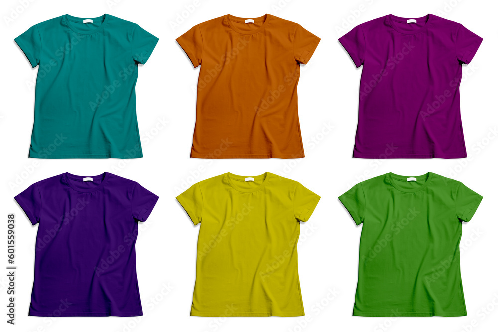 Set of bright stylish t-shirts on white background, top view Set of bright stylish t-shirts on white background, top view