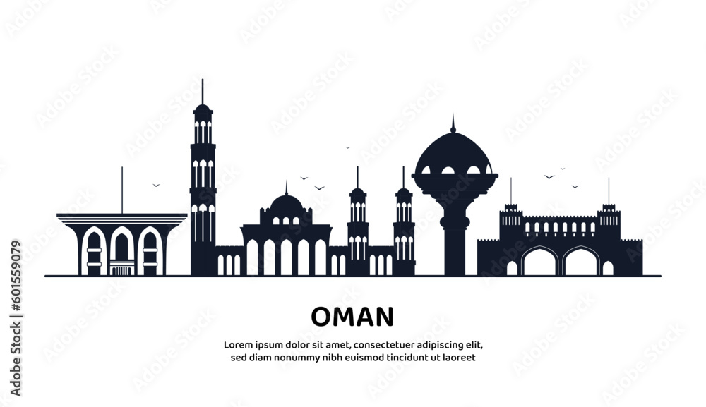 Oman line skyline concept. Traditional oriental architecture. Design element for invitation and greeting postcard. Silhouettes of buildings with spiers and domes. Cartoon flat vector illustration
