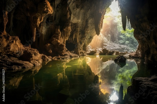Underground river flowed through the cave, carving out intricate channels and pools that glimmered in the dim light. Generative AI © Kanisorn