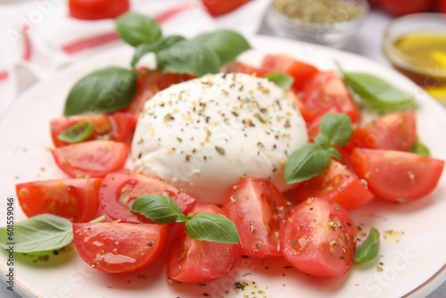 Tasty salad Caprese with mozarella, tomatoes and basil on white plate, closeup