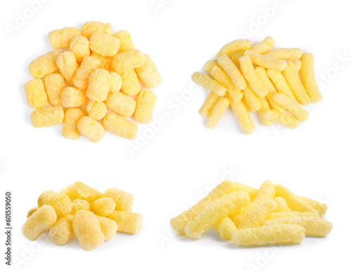 Piles with tasty corn sticks on white background, collage design