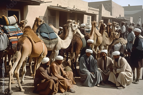 Bedouins and camels in the bazaar. Neural network AI generated art Generative AI photo