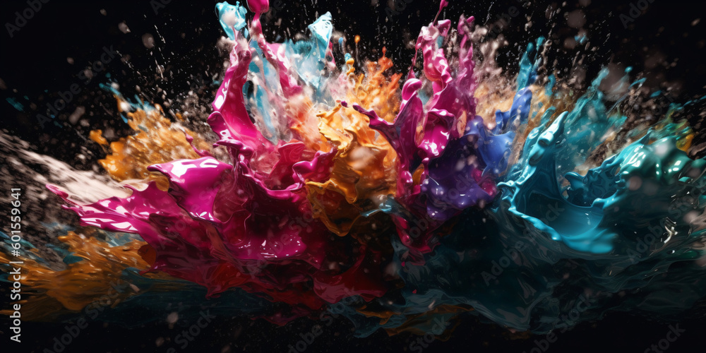 A strong splash of colorful paint in the air with lots of energy in rainbow colors on dark background. Created using Generative AI technology.