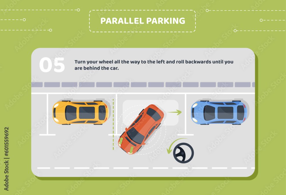 Parallel parking stage 5. Turn your wheel all way to left and roll