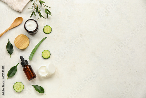Composition with natural cosmetics and ingredients on light background