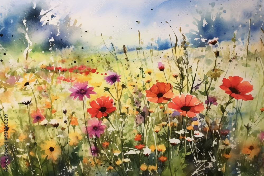 Obraz premium Vibrant Watercolor Field of Spring Flowers, Watercolor field of spring flowers,Generative AI