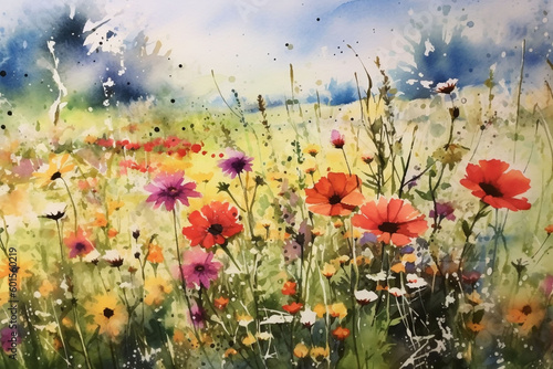 Vibrant Watercolor Field of Spring Flowers, Watercolor field of spring flowers,Generative AI