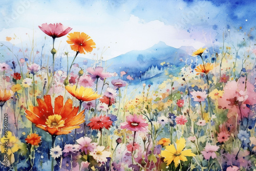 Vibrant Watercolor Field of Spring Flowers, Watercolor field of spring flowers,Generative AI