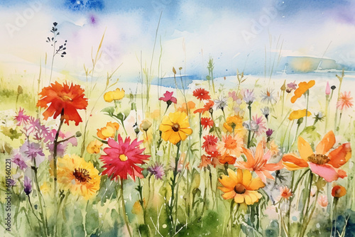 Vibrant Watercolor Field of Spring Flowers, Watercolor field of spring flowers,Generative AI